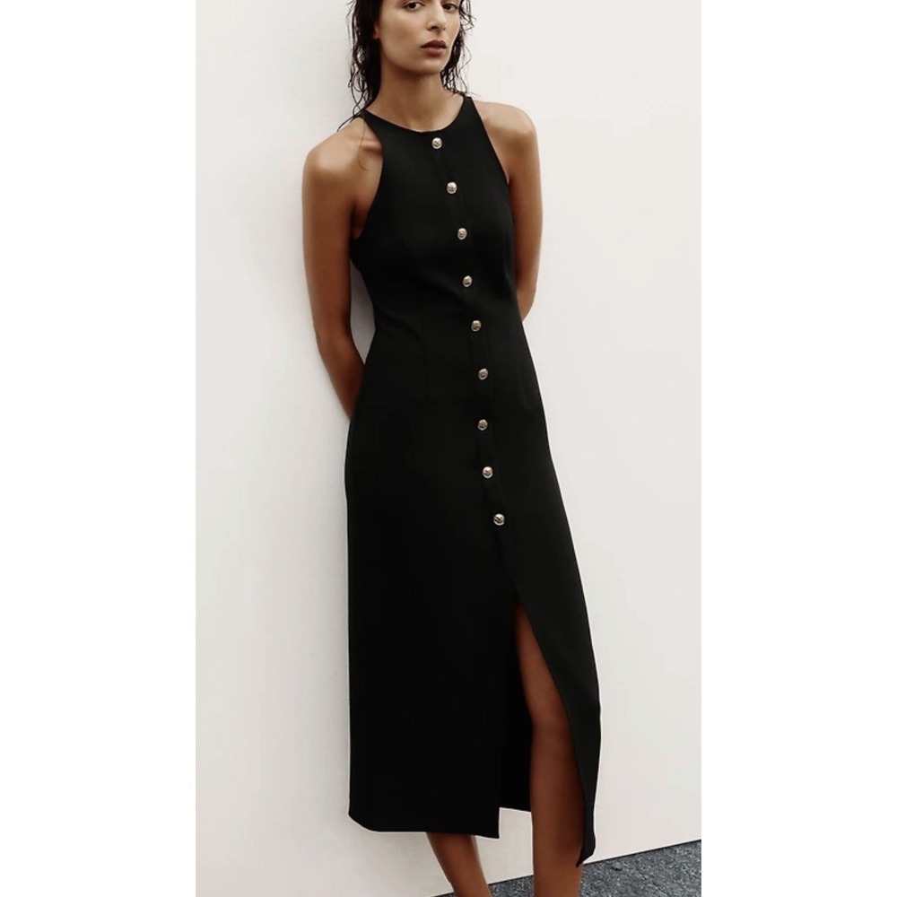 Zara Black Button-Front Midi Dress